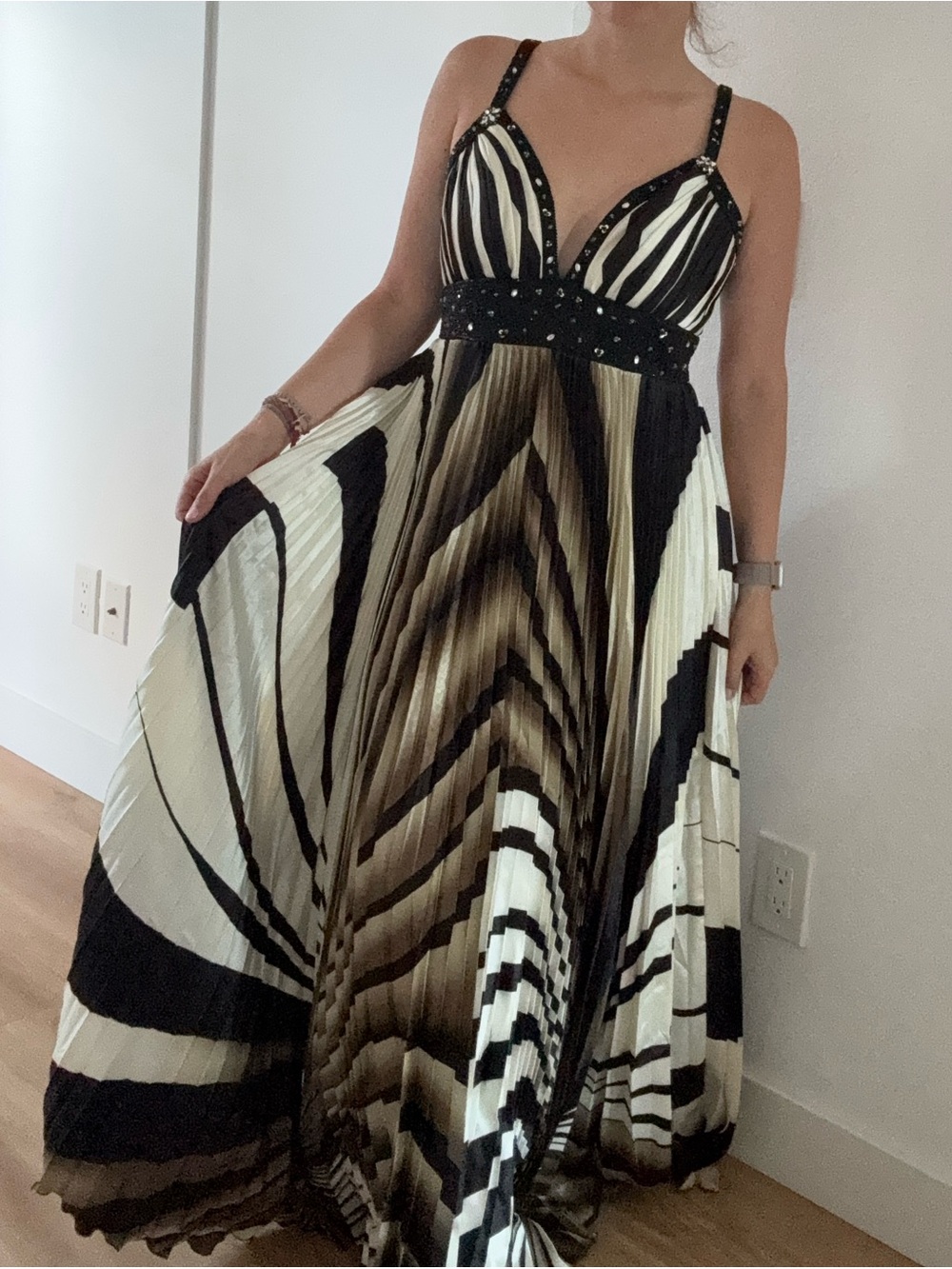 Maggy London Black, White & Brown Striped Pleated Maxi Dress